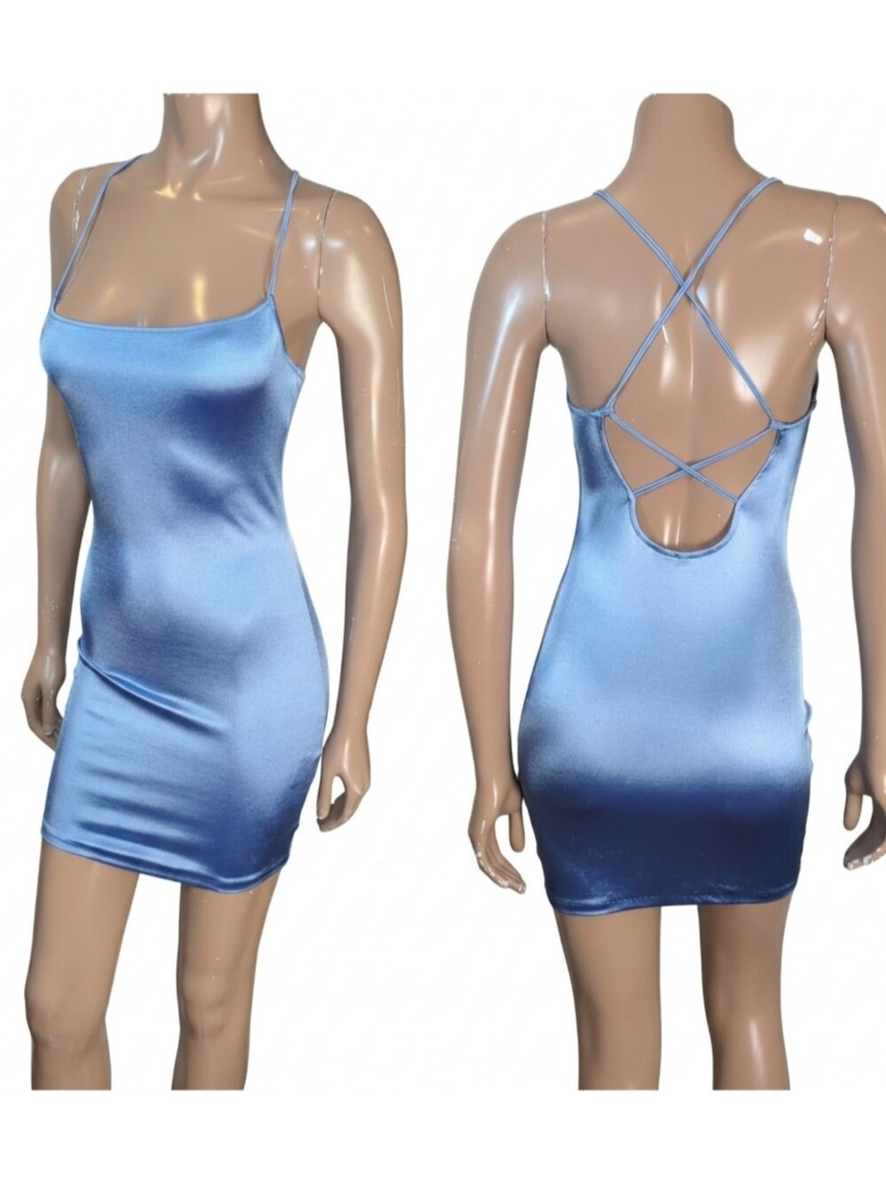 H&M Divided Blue Satin Mini Dress Strappy Cross Back Size XS Party Bodycon Slip